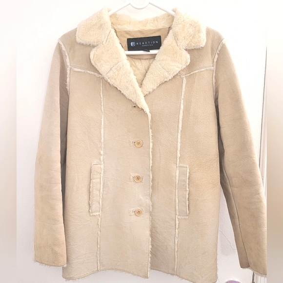 Reaction Kenneth Cole | Cream | Suede | Pea coat w/ Faux Fur Lining & Piping | S - Picture 2 of 6